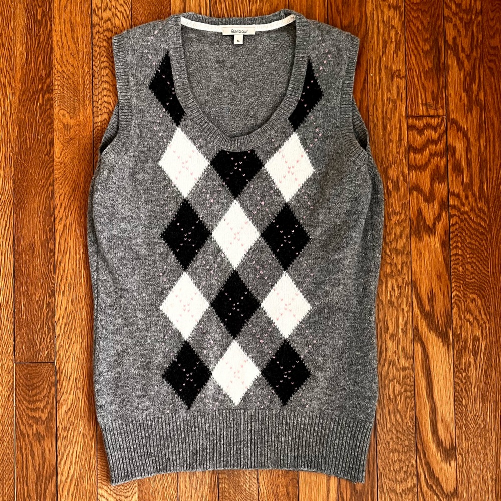 Barbour Gray Black and White Argyle Wool Vest